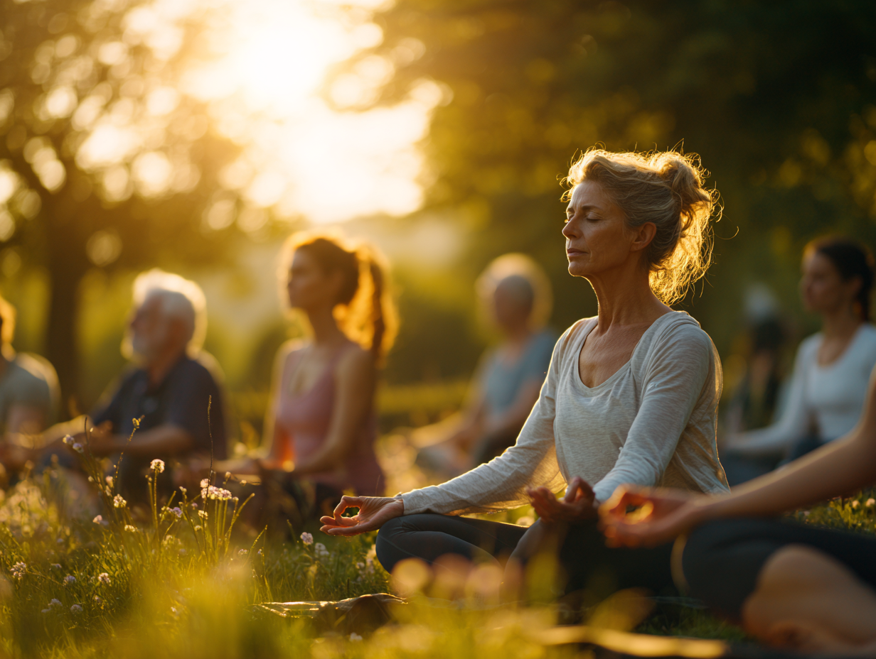 Люди різного віку практикують йогу в природному середовищі